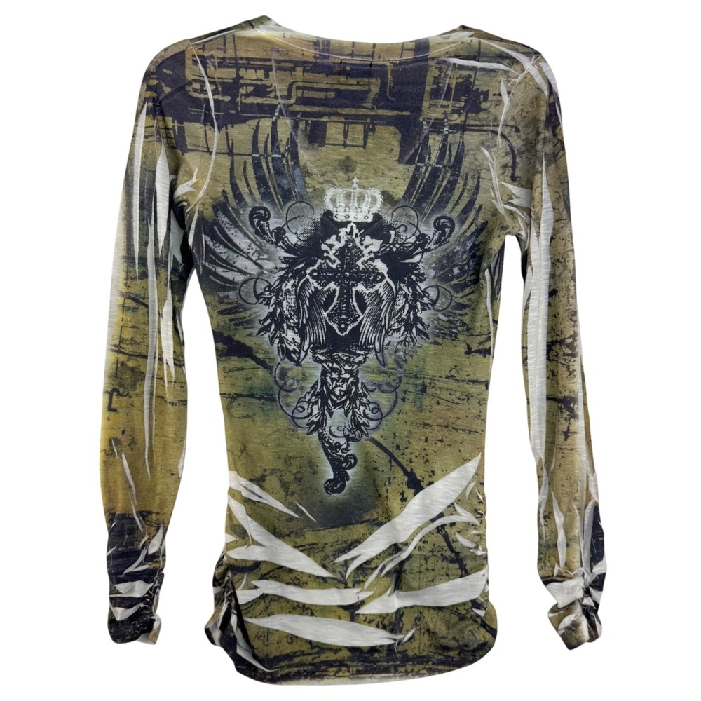 Daytrip Womens Long Sleeve Graphic Tee Olive Green Winged Cross Rhinestone‎ S - Picture 2 of 6
